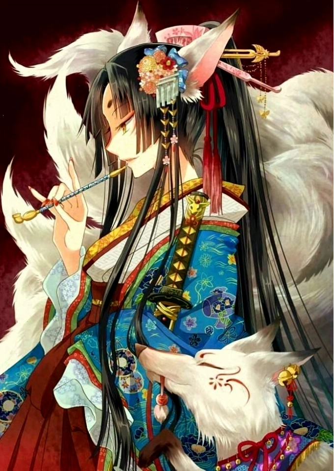 Ảnh minh họa anime nữ hồ ly trong trang phục truyền thống