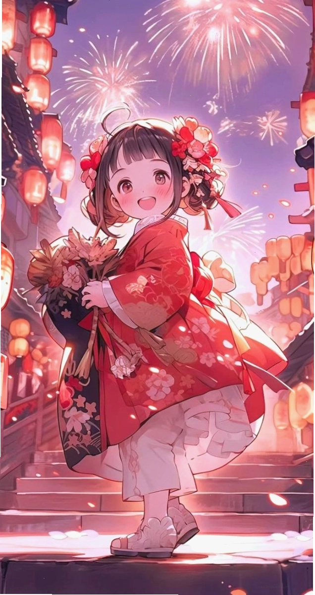 Anime bé gái và đèn lồng mang không khí Tết