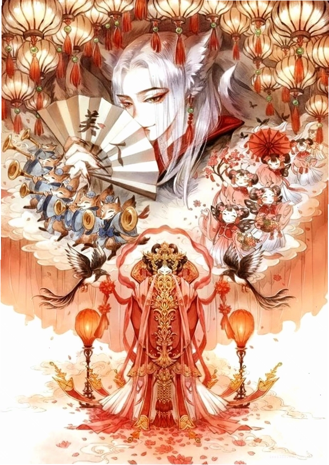 Anime cổ trang nữ hồ ly trong trang phục lộng lẫy