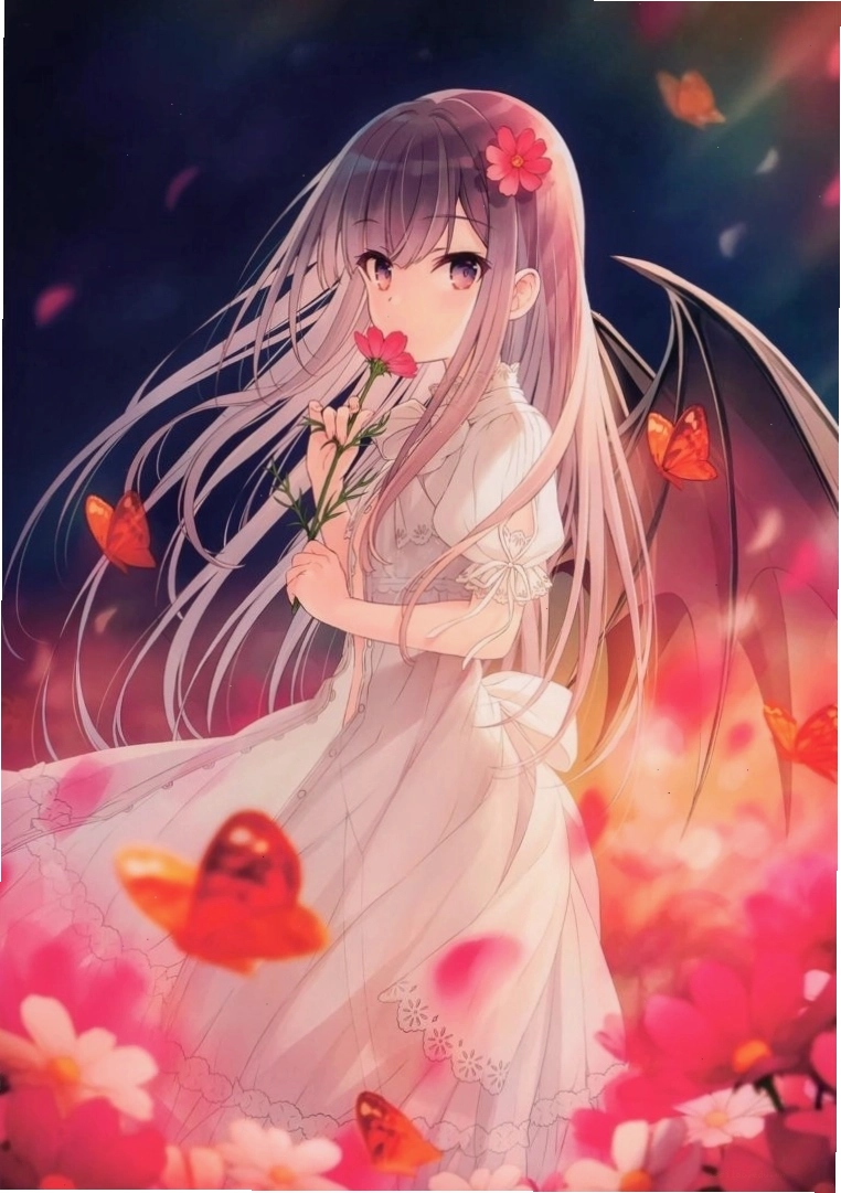 Anime girl tóc xanh dương với đôi cánh thiên thần