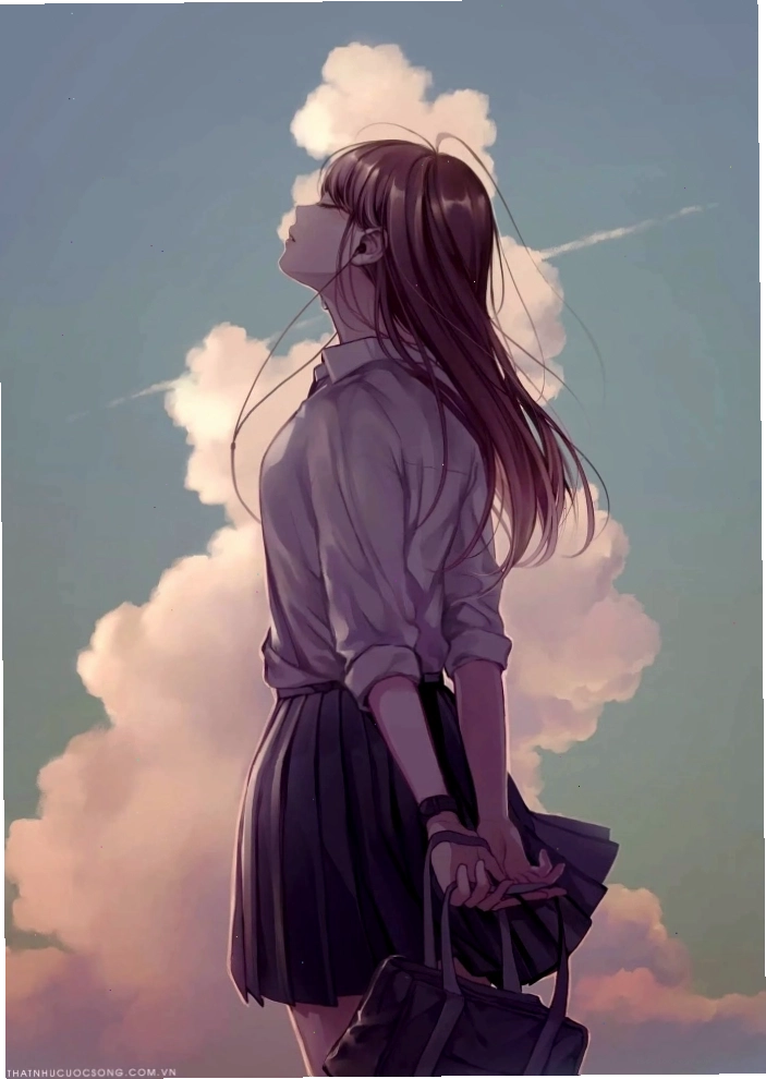 Anime nữ học sinh đang uống trà sữa