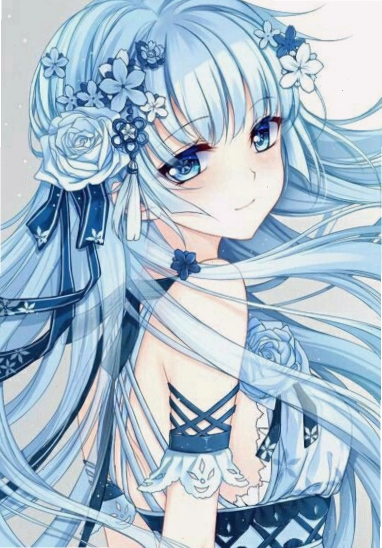 Avatar anime cô gái tóc xanh dương dài, đôi mắt to tròn thể hiện sự ngây thơ