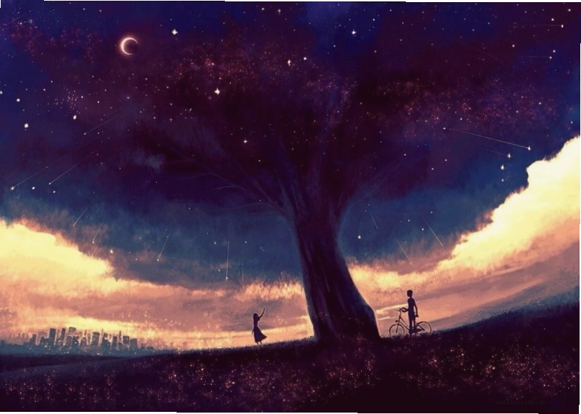Bầu trời đêm anime với dải ngân hà lấp lánh và những vì sao