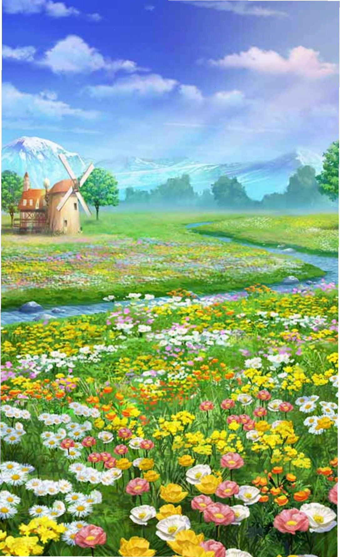 Bức tranh vườn hoa anime rực rỡ sắc màu