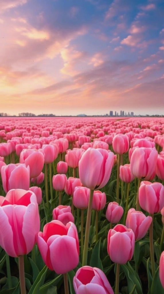 Cánh đồng tulip hồng rực rỡ dưới ánh hoàng hôn thơ mộng