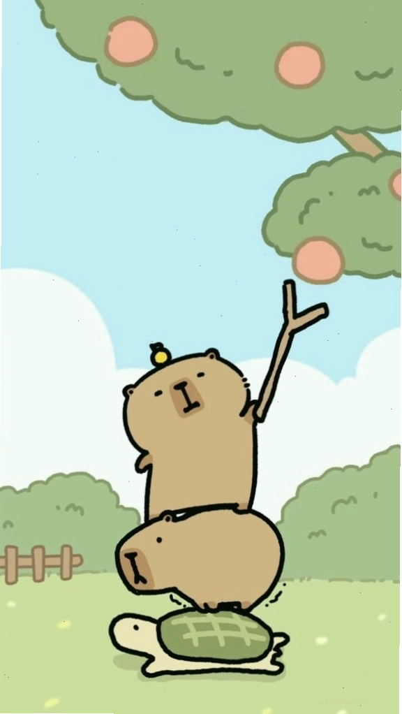 Capybara chất chồng lên rùa đang hái quả