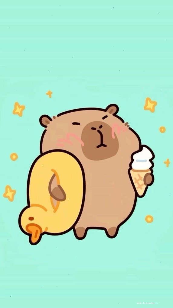 Capybara cõng chú vịt vàng trên lưng với vẻ mặt vô tri