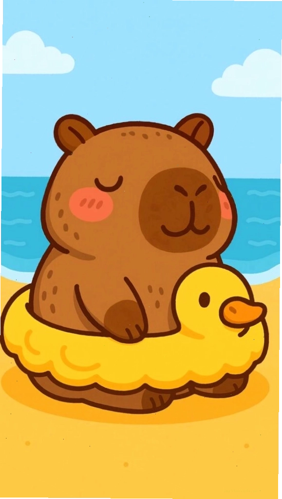 Capybara thư giãn tắm biển trên phao vịt, hình nền avatar cute