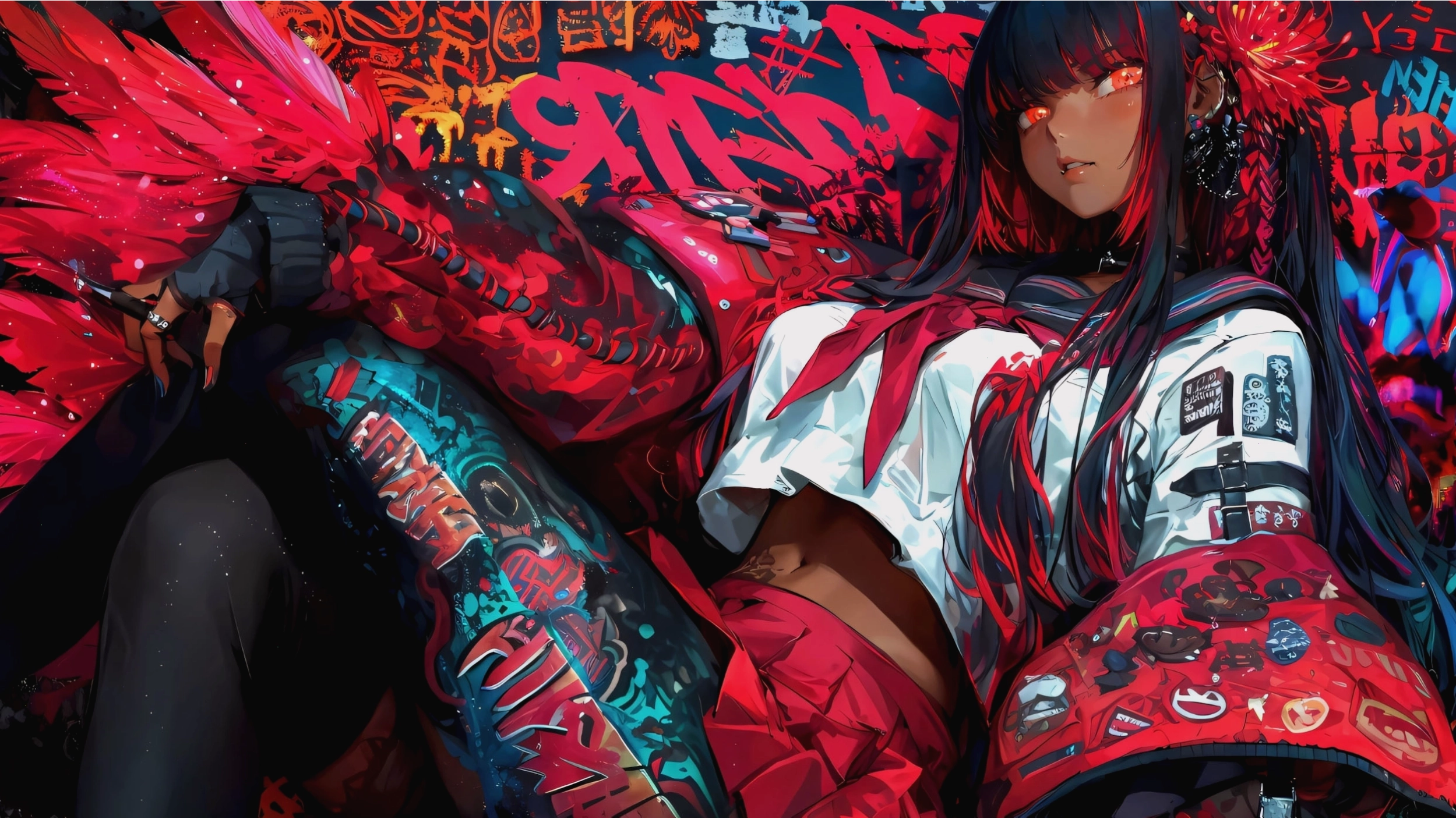 Cô gái anime ngồi dưới gốc cây ngắm nhìn bầu trời