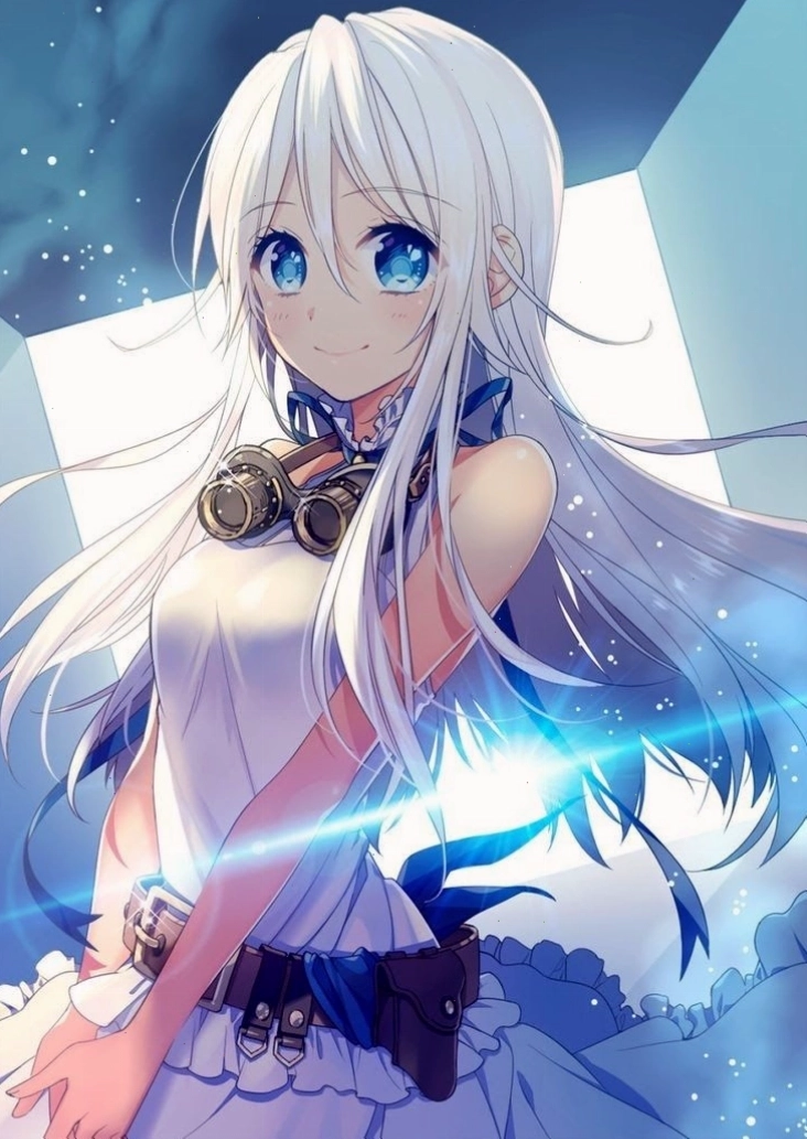 Cô gái anime tóc bạch kim với trang phục xanh dương