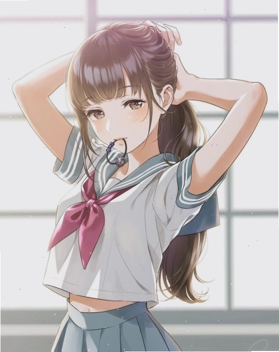 Cô gái anime với mái tóc dài và trang phục nữ sinh