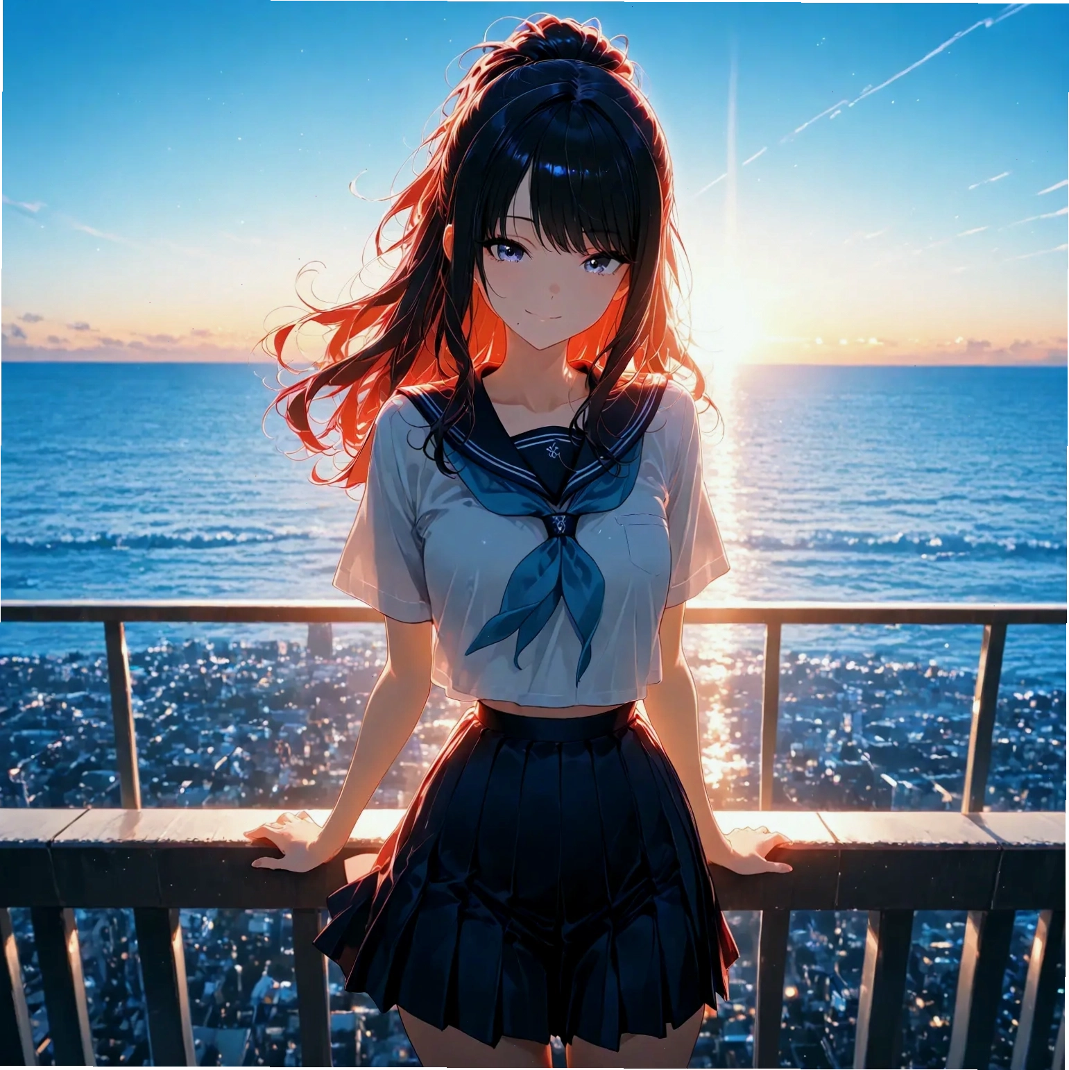 Cô gái anime với mái tóc hồng và đôi mắt xanh