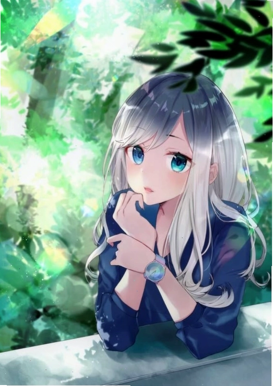 Cô gái anime với nụ cười tươi tắn và ánh nắng chiếu qua mái tóc