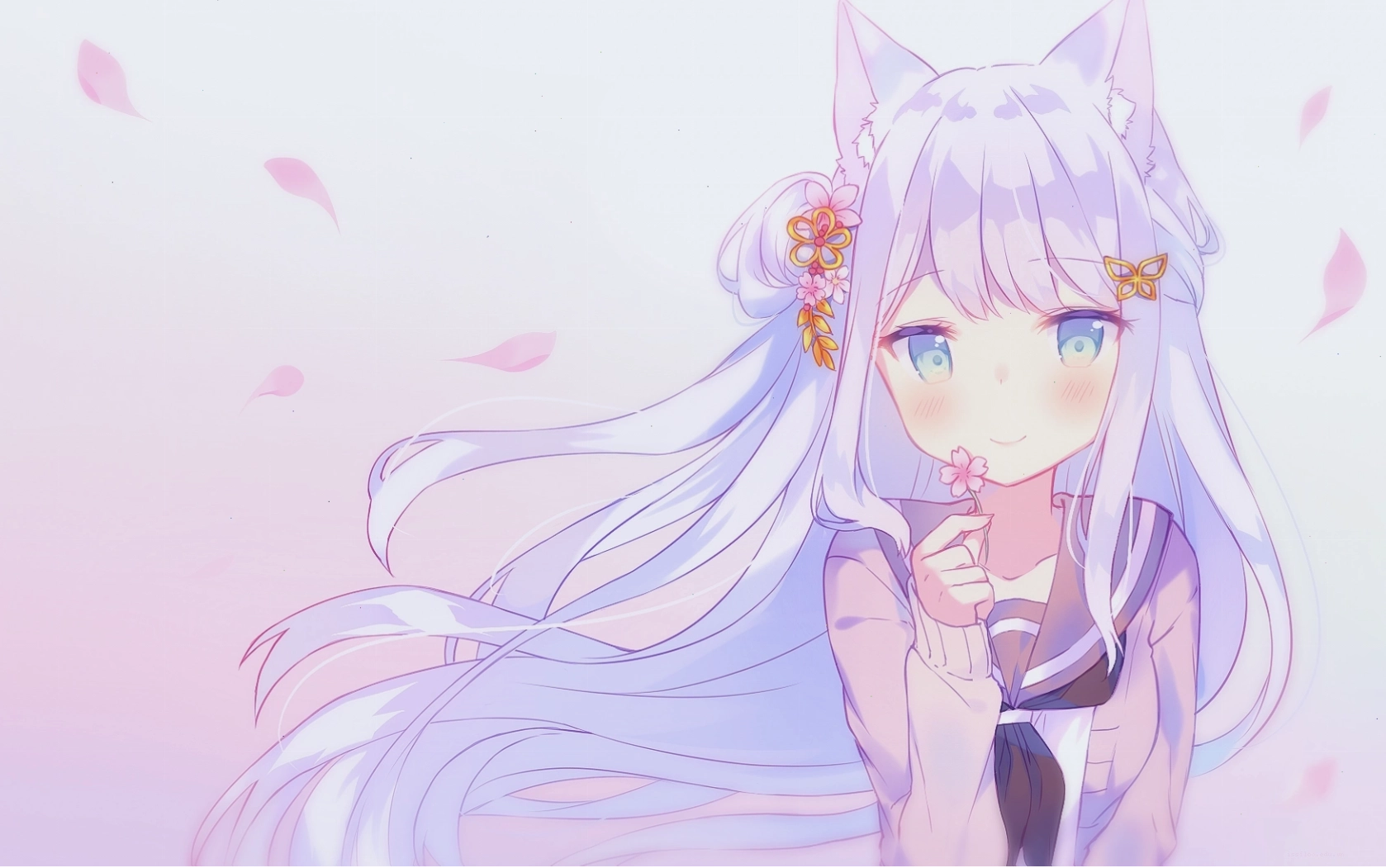 Cute Anime Cat Girl Wallpaper với đôi tai mèo và biểu cảm dễ thương