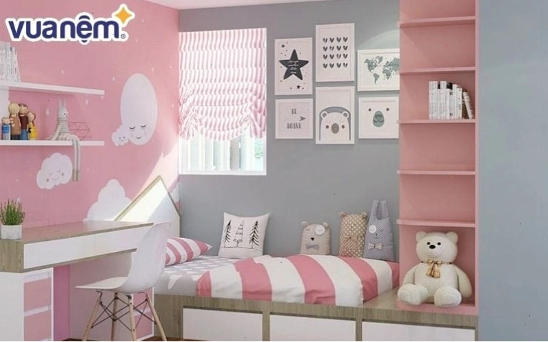 Giường gỗ cho bé gái kết hợp giá sách hiện đại