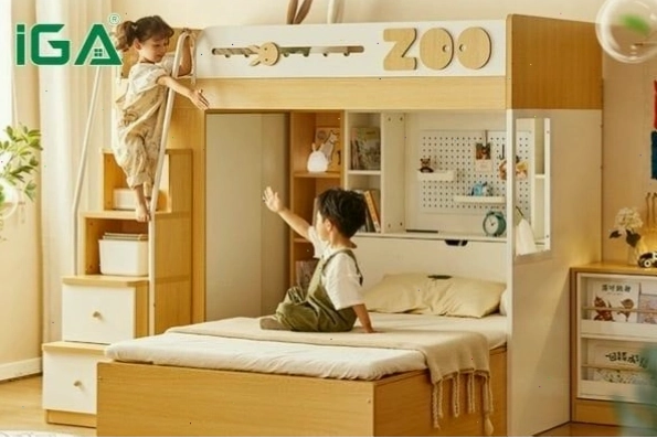 Giường tầng cho hai bé gái với hai gam màu khác biệt