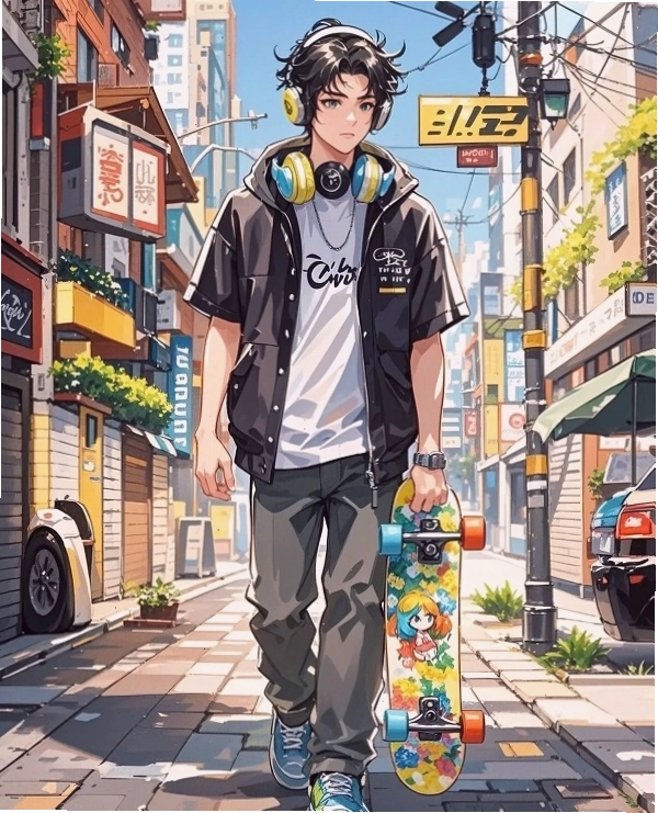 Hình ảnh boy phố anime cầm một vật dụng thể hiện cá tính
