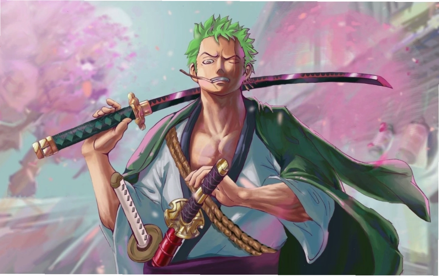 Hình ảnh Zoro đang vào thế tấn công với thanh kiếm sắc bén