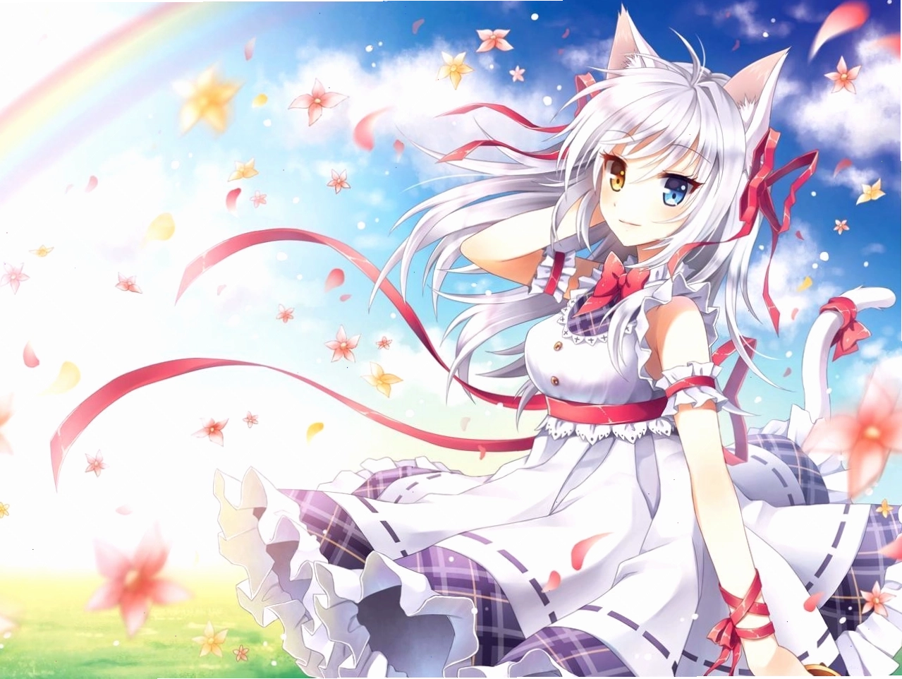 Hình nền cô gái mèo anime với đôi tai và đuôi dễ thương