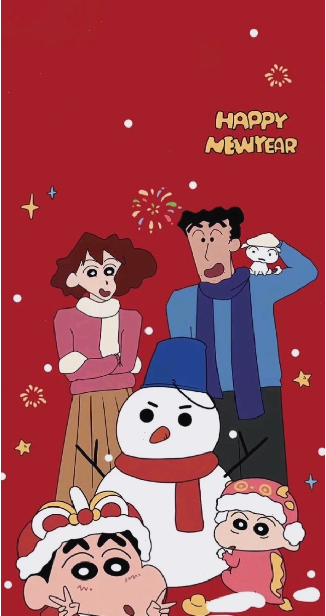 Hình nền Tết anime gia đình cu Shin vui vẻ bên cây mai