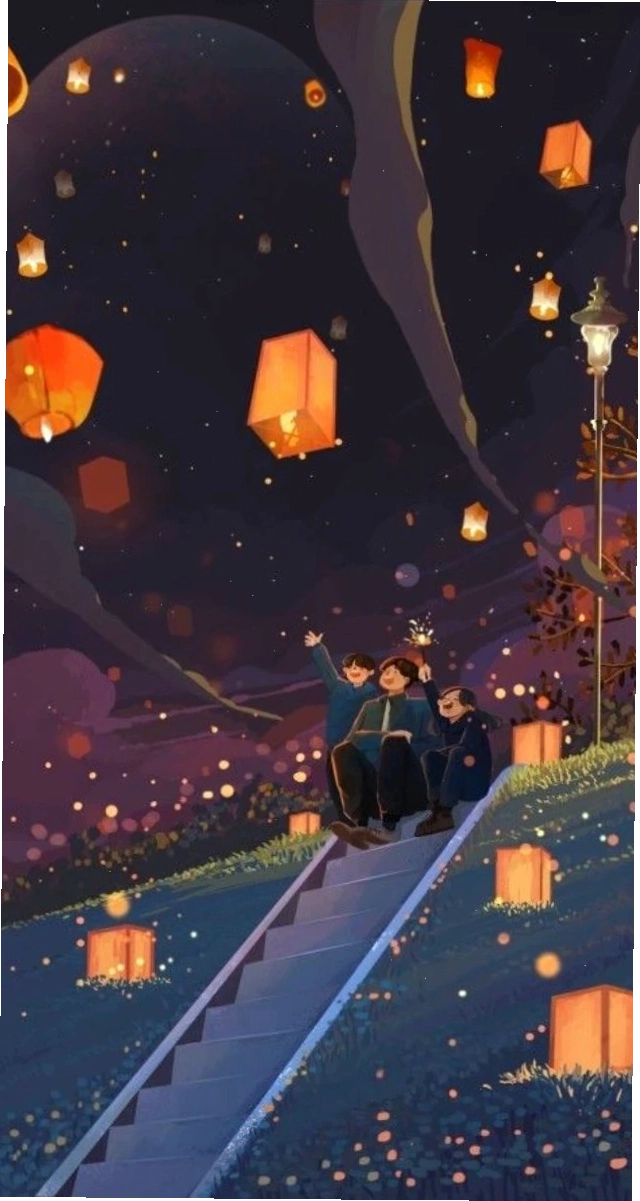 Hình nền Tết anime với cô gái bên những chiếc đèn lồng đỏ rực