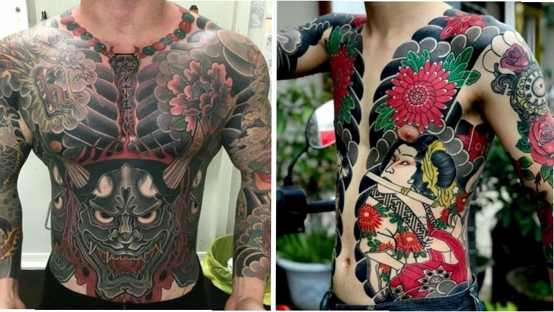 Hình xăm Nhật cổ full bụng nhiều hoạ tiết với màu đen chủ đạo