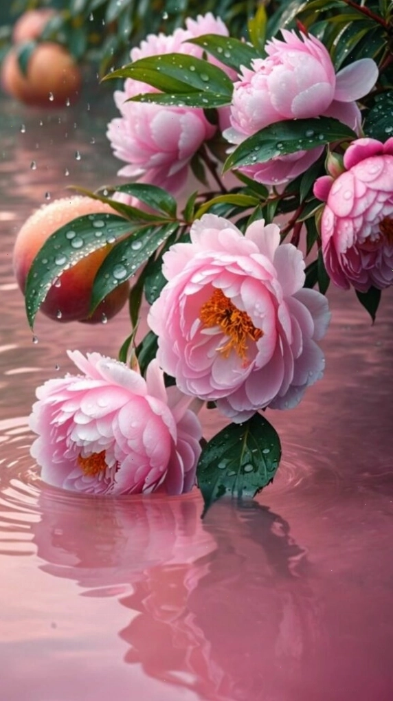 Mẫu đơn hồng rạng rỡ dưới cơn mưa xuân lãng đãng