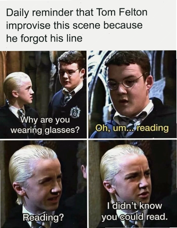 Meme Harry Potter hài hước cho thấy một nhân vật ứng biến lời thoại về kính đọc sách