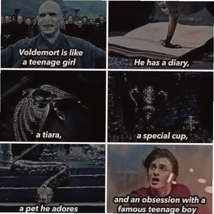 Meme Harry Potter hài hước so sánh Voldemort với một cô gái tuổi teen cầm nhật ký và vương miện