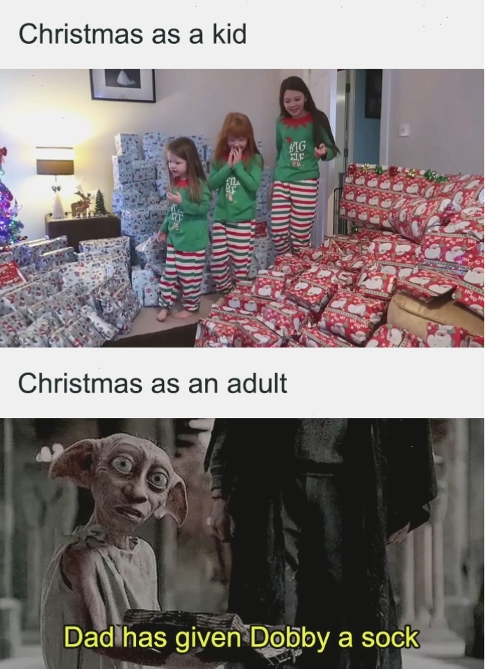 Meme Harry Potter so sánh sự phấn khích Giáng sinh thời thơ ấu với Dobby nhận được chiếc tất