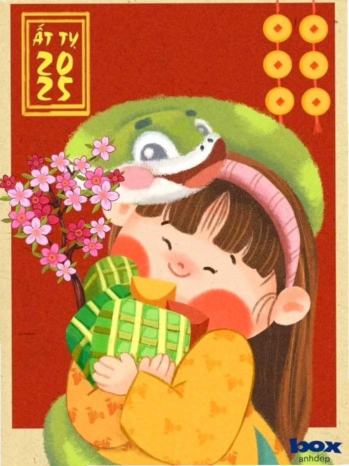 Nhân vật hoạt hình vui vẻ chào đón Tết