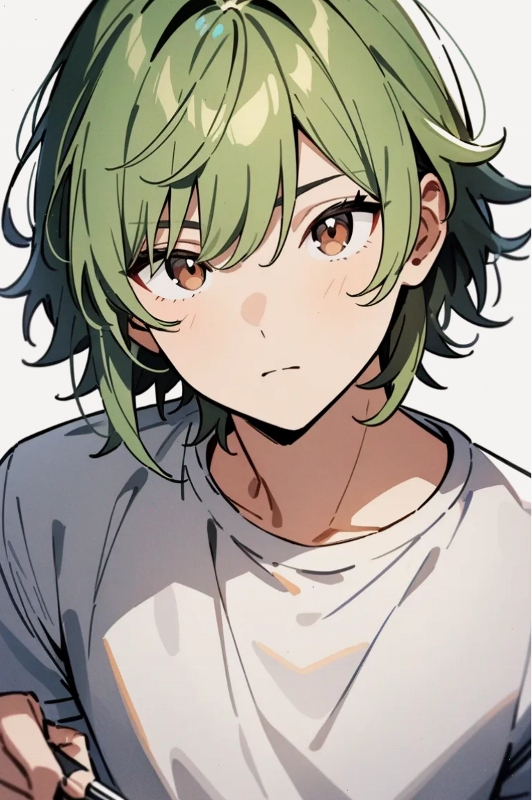 Nhân vật nam anime tóc xanh lá với ánh mắt trầm tư trong trang phục thường ngày
