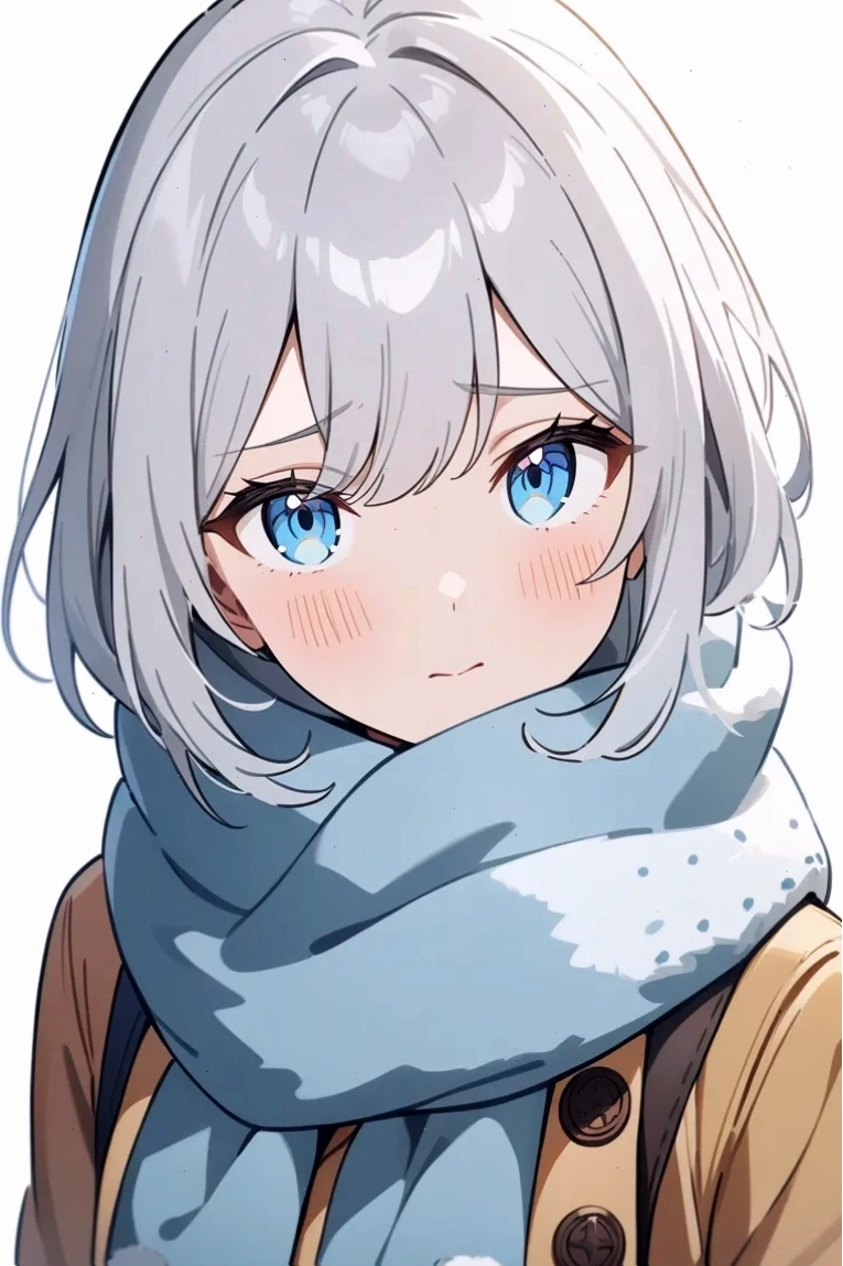 Nhân vật nữ anime tóc bạc mắt xanh với biểu cảm rụt rè trong trang phục mùa đông