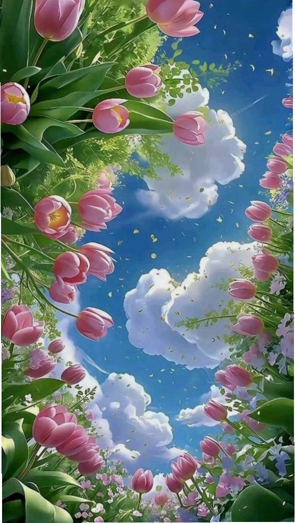 Những cánh tulip trắng bay bổng trên nền trời xanh mây trắng