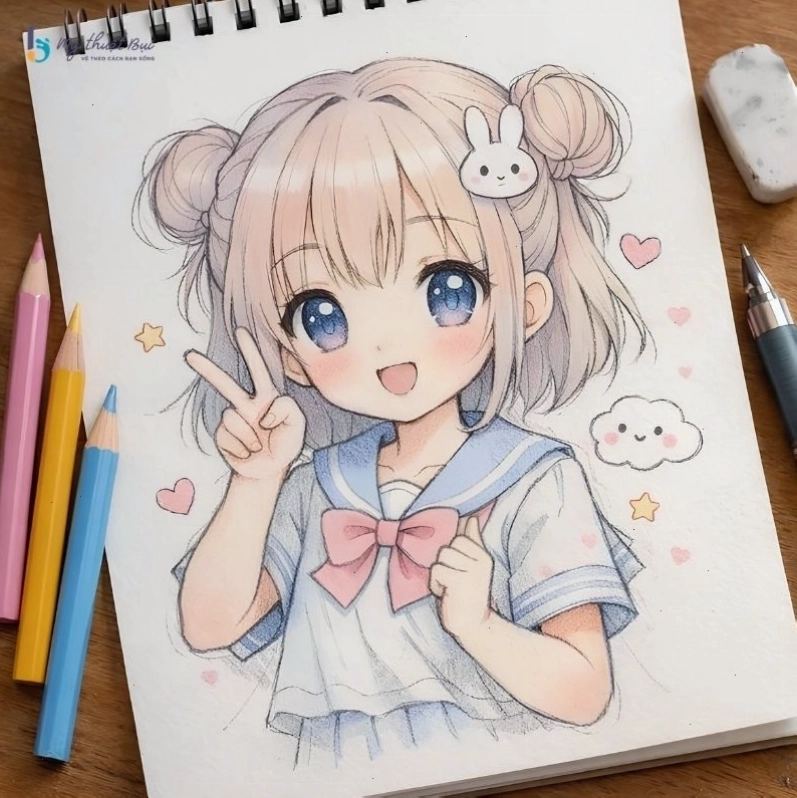 Tranh vẽ anime nữ đẹp với trang phục ấn tượng