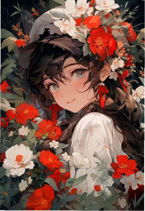 Anime girl in a white shirt with small flowers in her hair