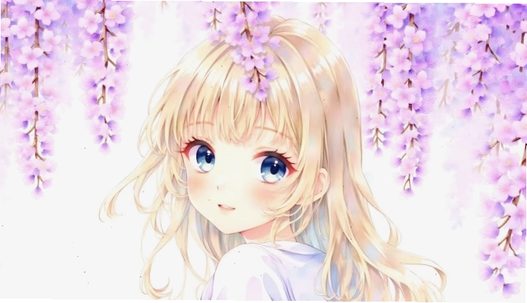 Anime girl standing under a canopy of purple wisteria flowers