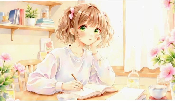 Anime girl studying a botanical notebook surrounded by fresh flowers