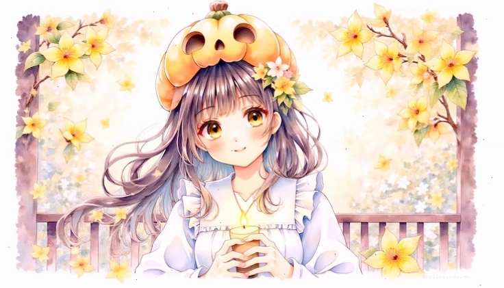 Anime girl wearing a pumpkin hat with a candle among flowers