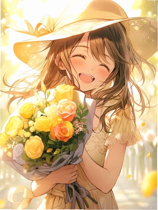 Anime girl with a hat holding a large bouquet of mixed flowers