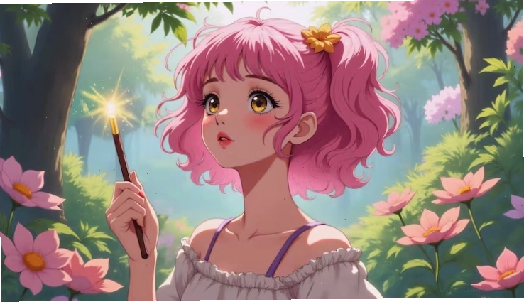 Anime girl with a magic wand in a glowing enchanted forest