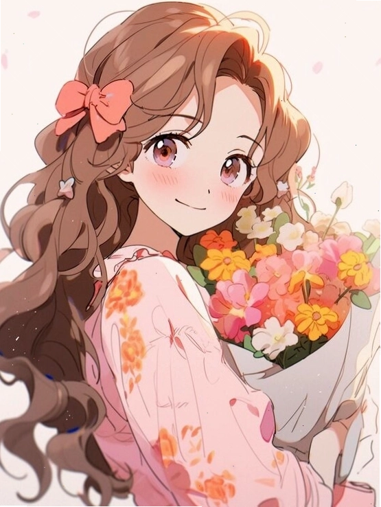 Anime girl with brown hair holding a colorful bouquet
