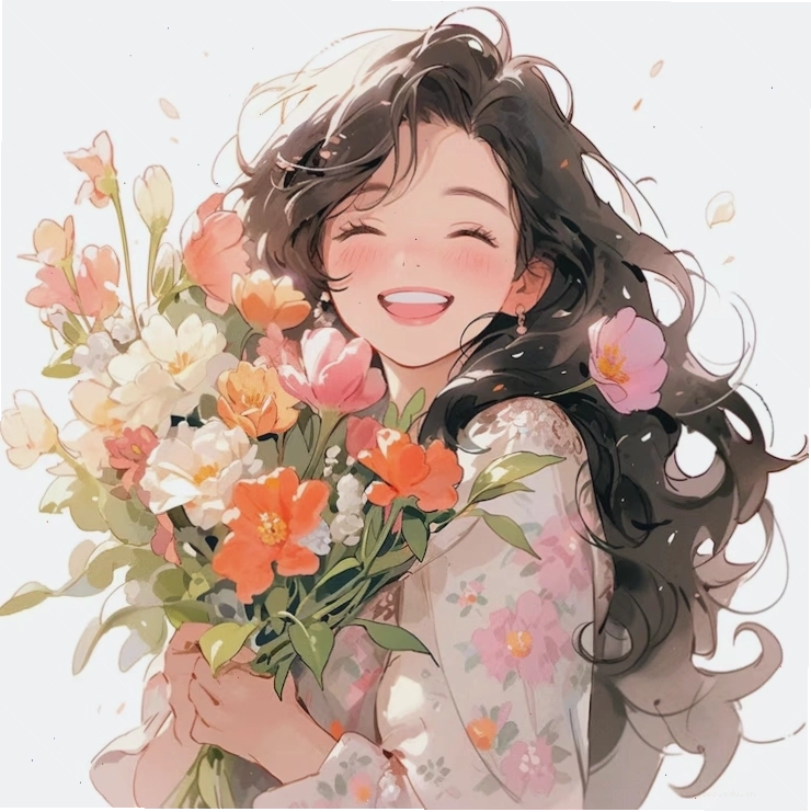 Anime girl with long hair and a bunch of wild flowers