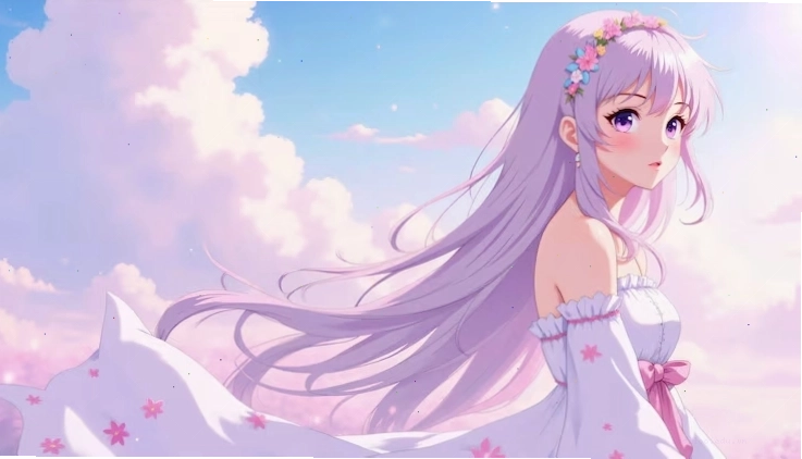 Anime girl with long purple hair and a crown made of flowers