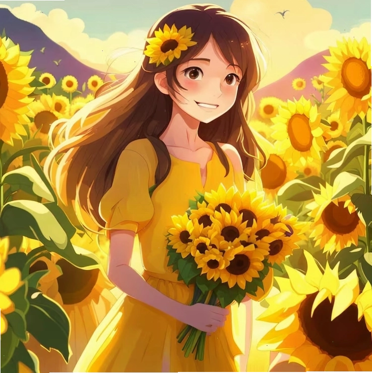 Cute girl in a yellow dress standing in a bright sunflower garden
